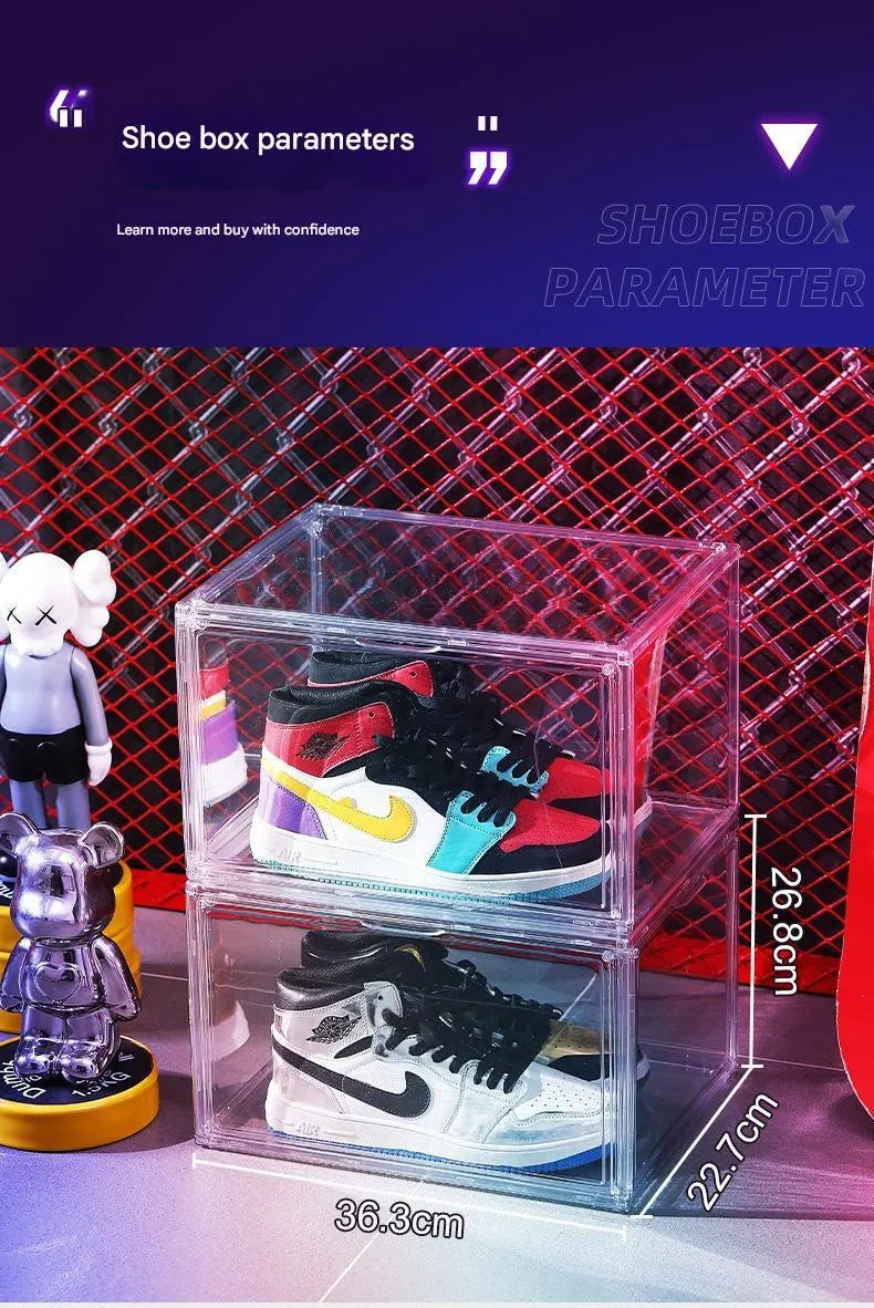 Large transparent acrylic shoe storage box with magnetic side door and lid