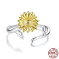 S925 sterling silver sunflower ring with adjustable opening in pastoral style for women