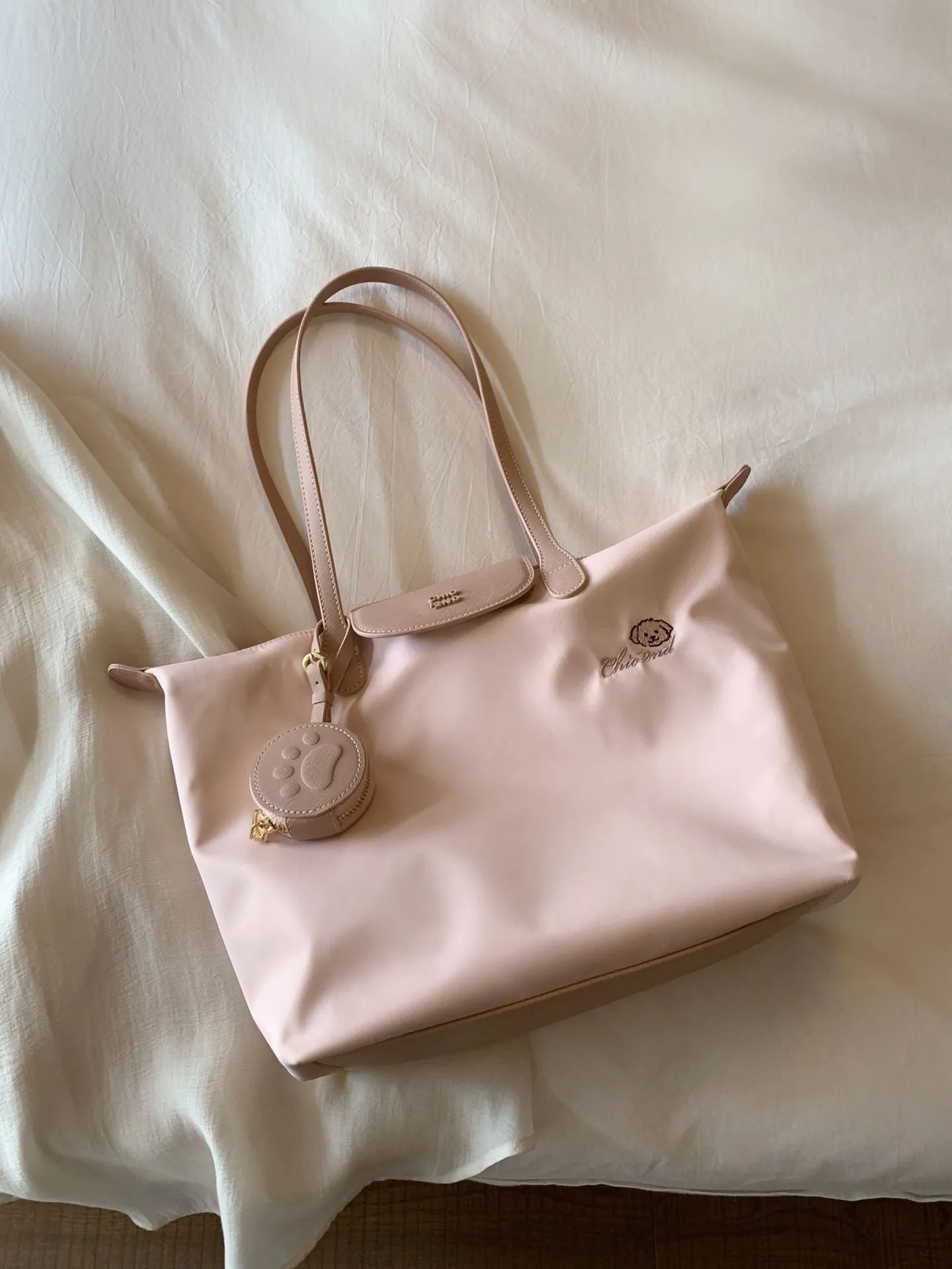 Oxford cloth tote shoulder bag with sandwich pocket in macaron pink colour option