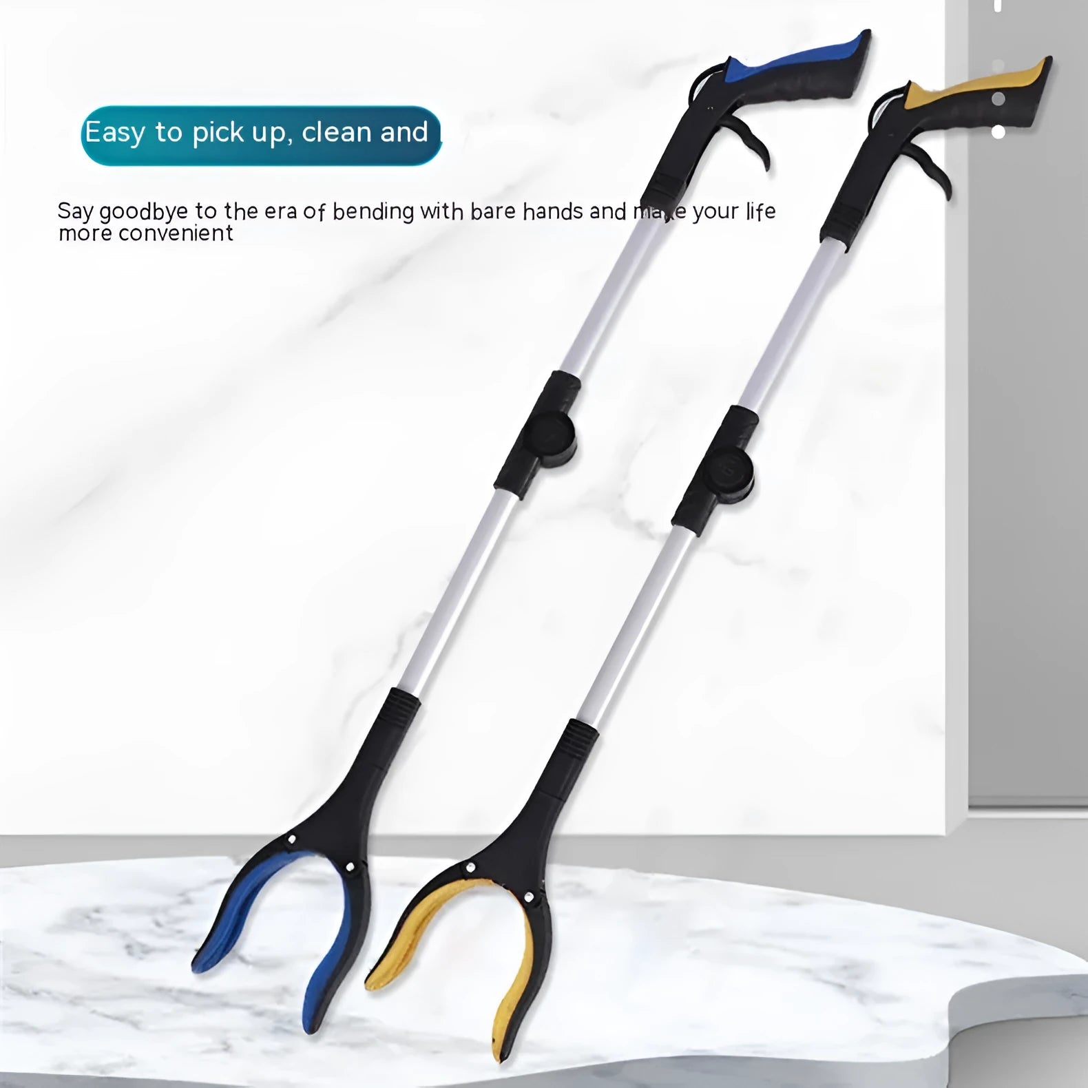 Foldable aluminium garbage clamp with magnetic chuck shown extended to 80cm and folded to 42cm