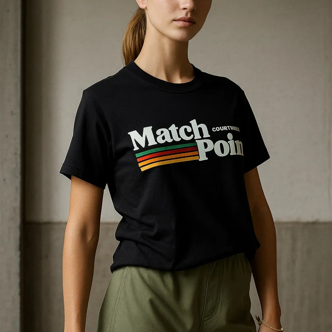 Black men's t-shirt with a colourful 3D digital printed pattern on the front, showing short sleeves and a round neck.