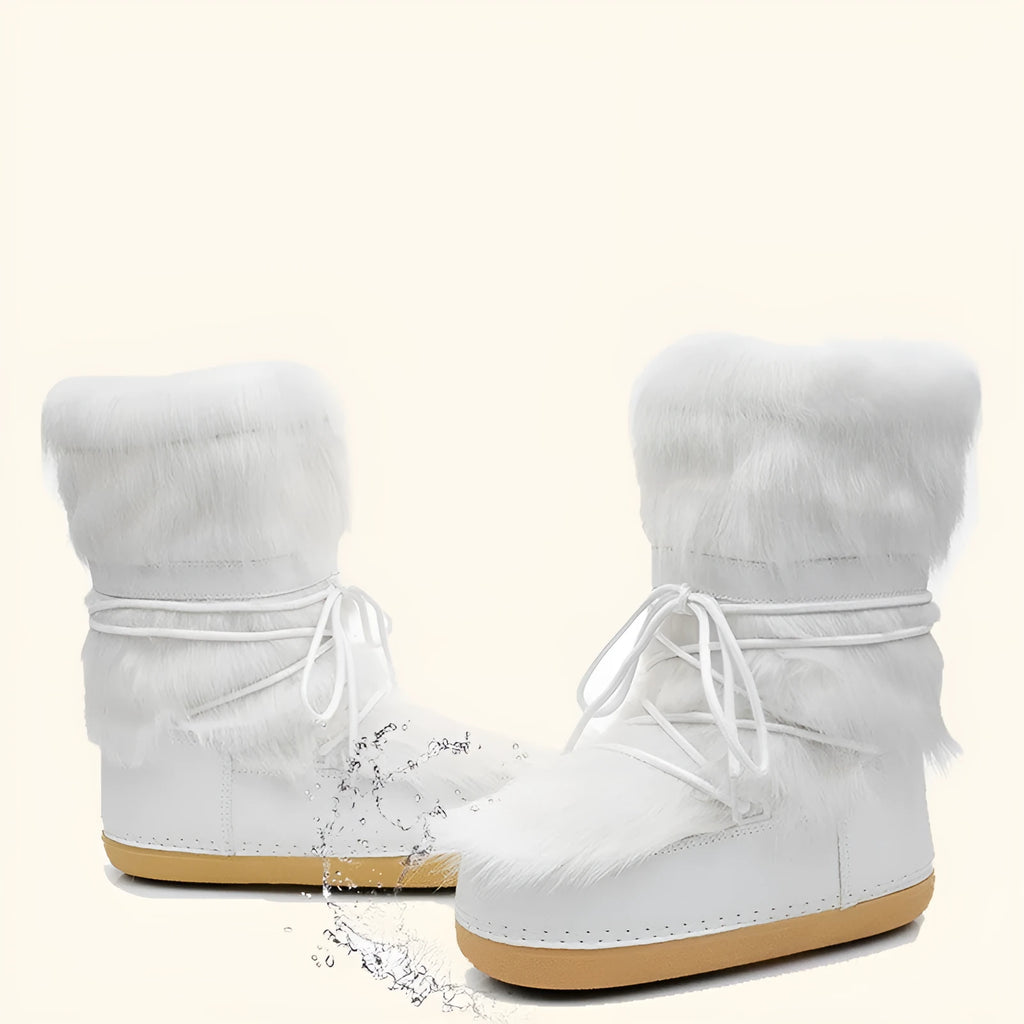 White fur winter space boots for women with fleece lining, mid-top, 2cm flat heel and PE sole