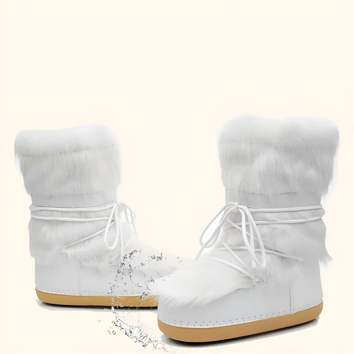 White fur winter space boots for women with fleece lining, mid-top, 2cm flat heel and PE sole