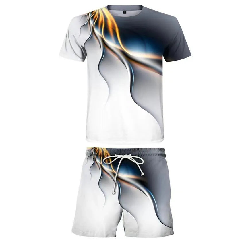 Men's casual printed t-shirt and shorts set in polyester, available in multiple colour options and sizes S to 6XL
