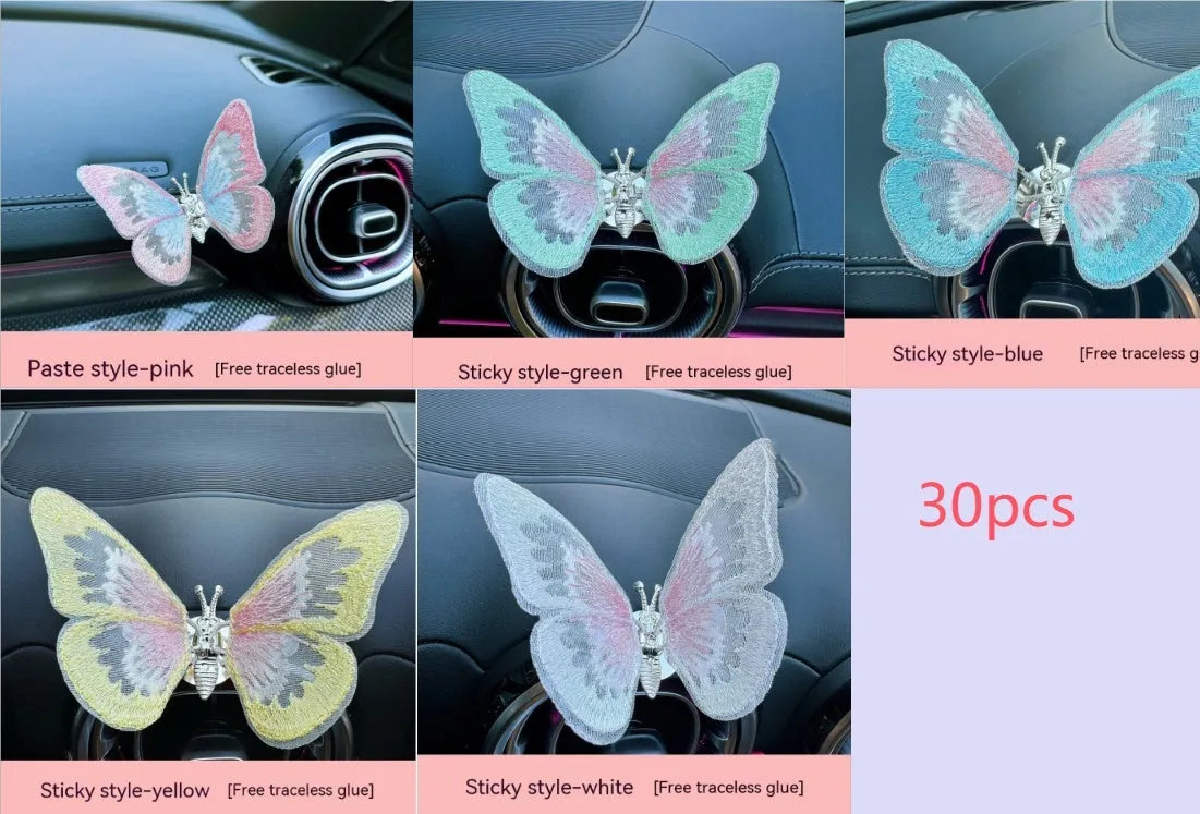 Moving embroidery butterfly fabric car centre console air vent decoration in multiple colour options