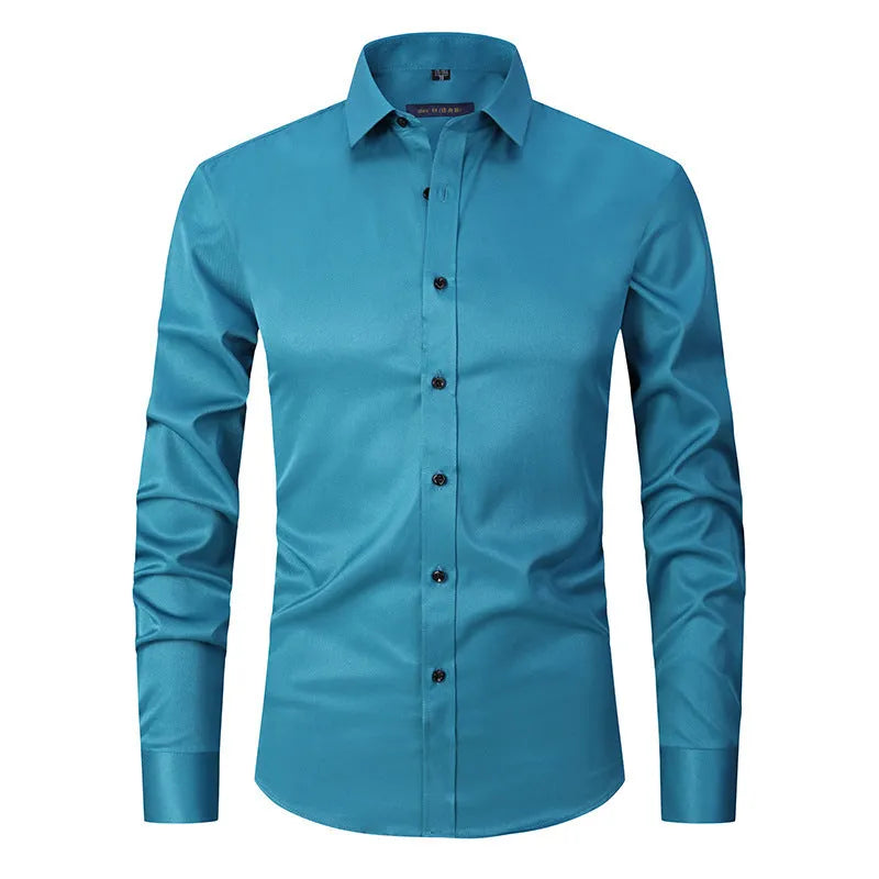 Man wearing a stretch polyester long sleeve work shirt in a blue colour, suitable for manual labour.