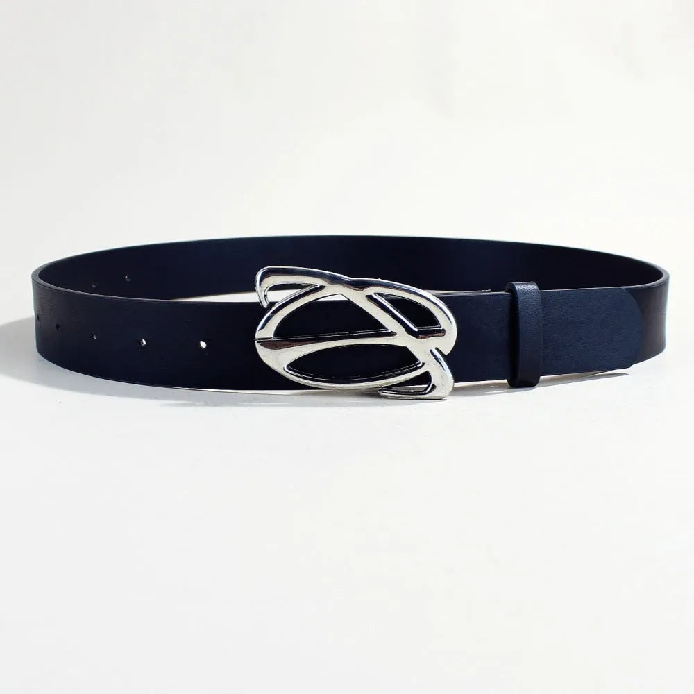 Casual silver buckle PU leather belt showing 3.3cm width and snap button fastening