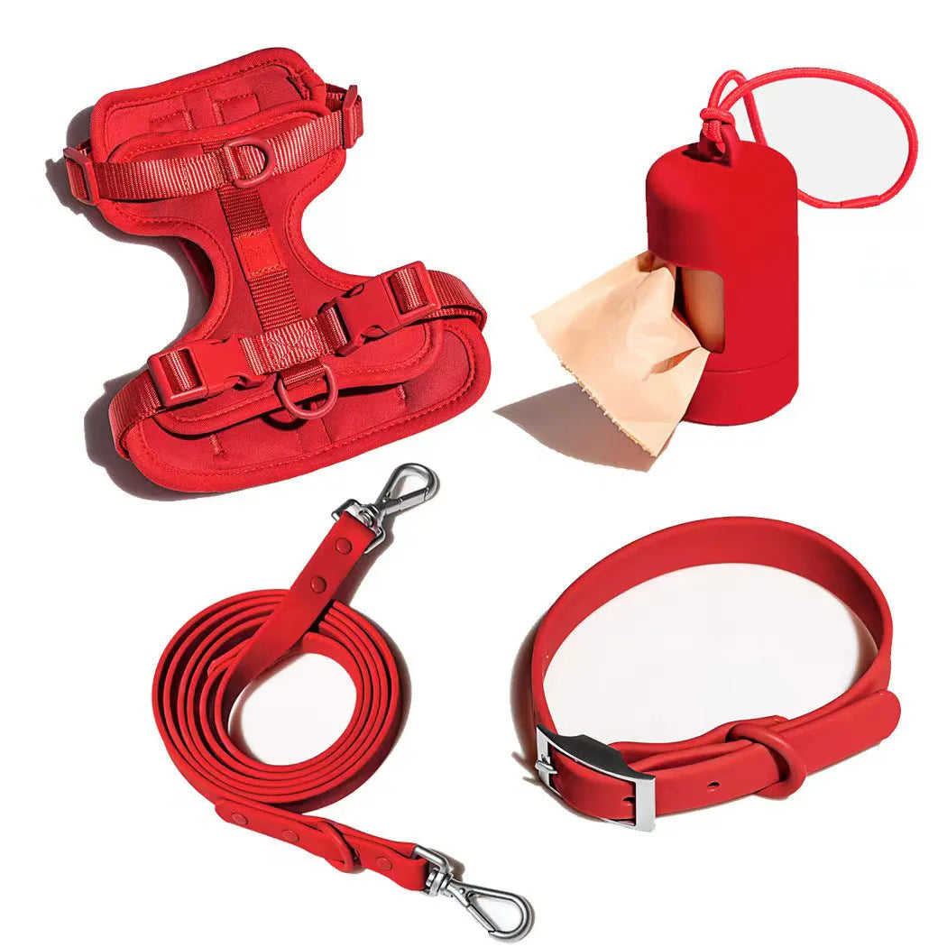 Dog tactical chest back collar set in PVC material with traction rope and harness, available in multiple colours