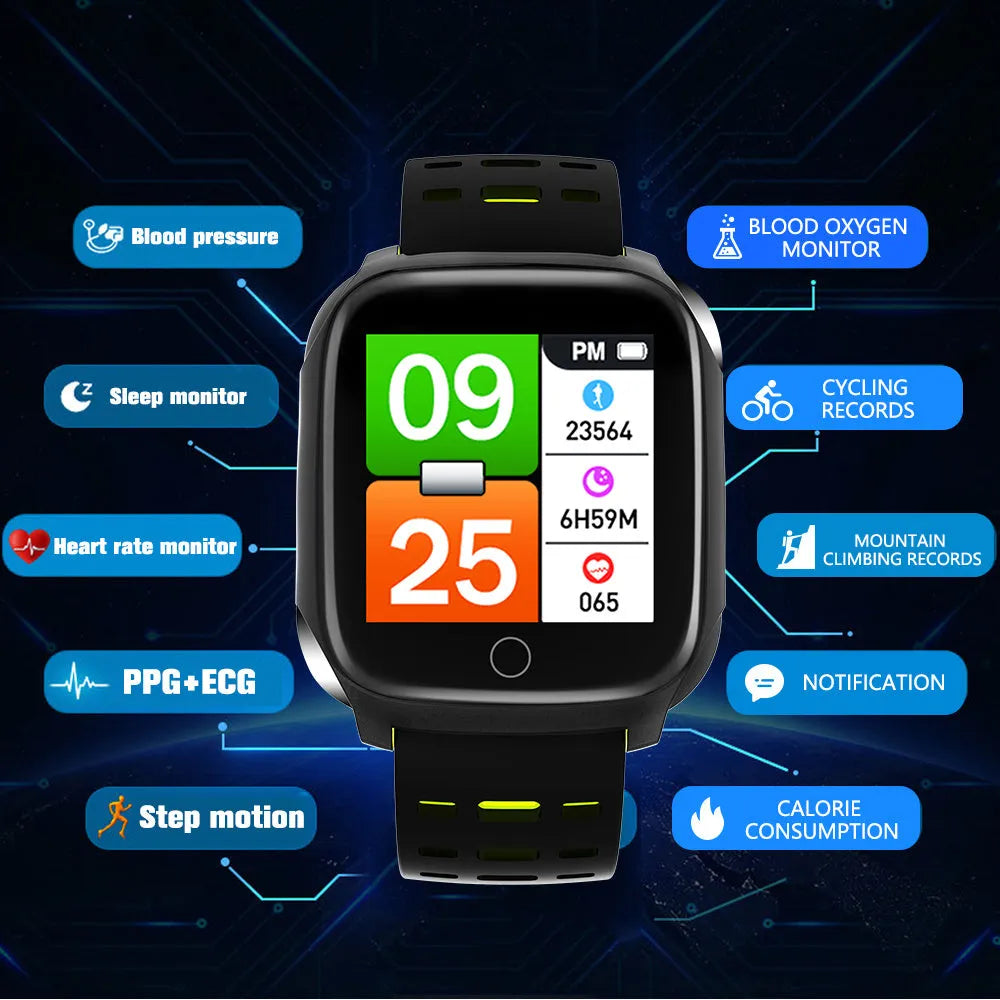 F16 Smart Watch with ECG, blood pressure and heart rate monitor on a silicone strap.