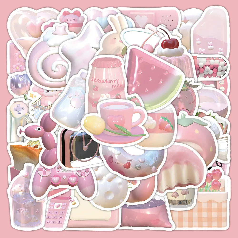 Pack of cute pink 3D girl heart decorative stickers shown in two colour variants.