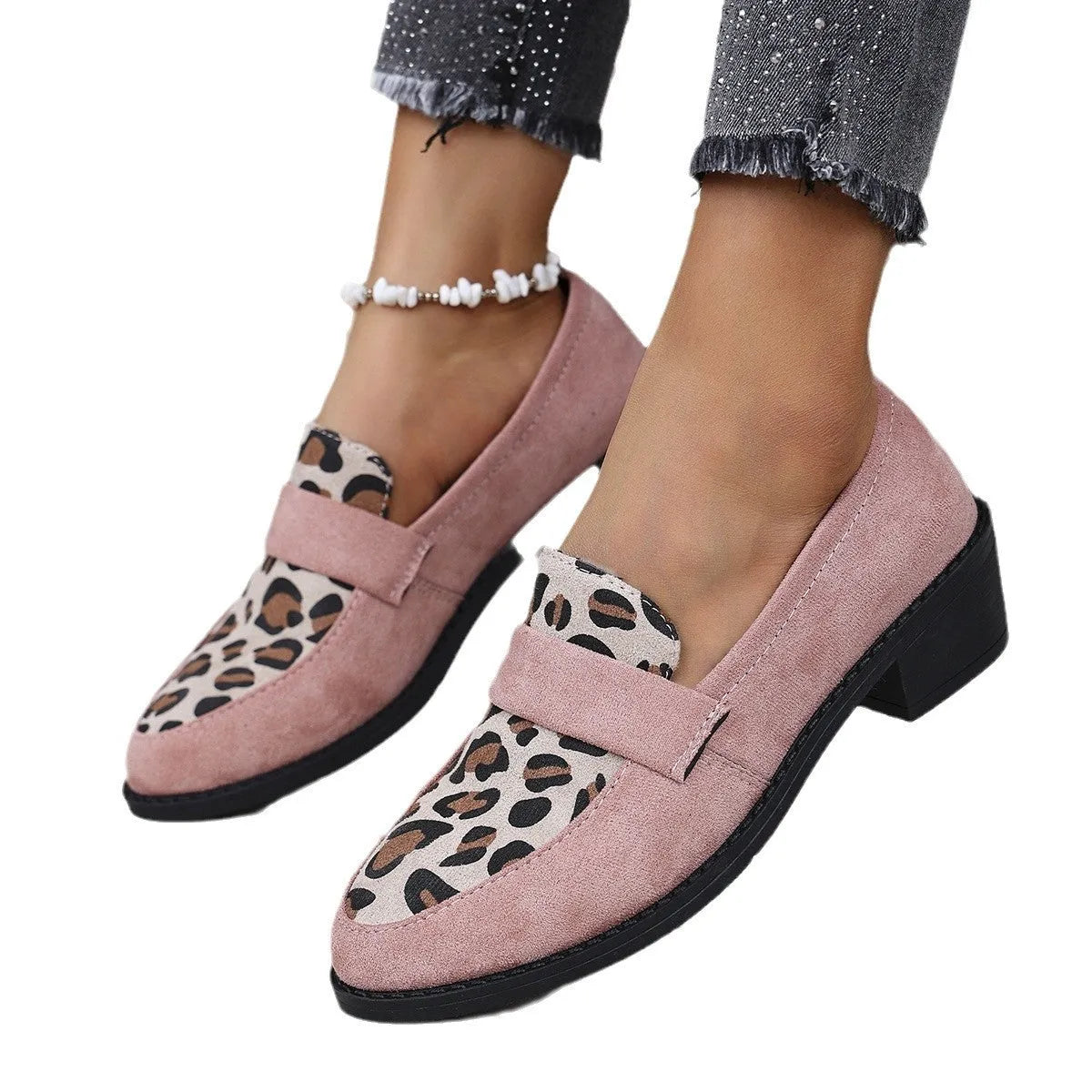 Leopard print slip-on casual shoes with suede upper and chunky mid heel in pink colour