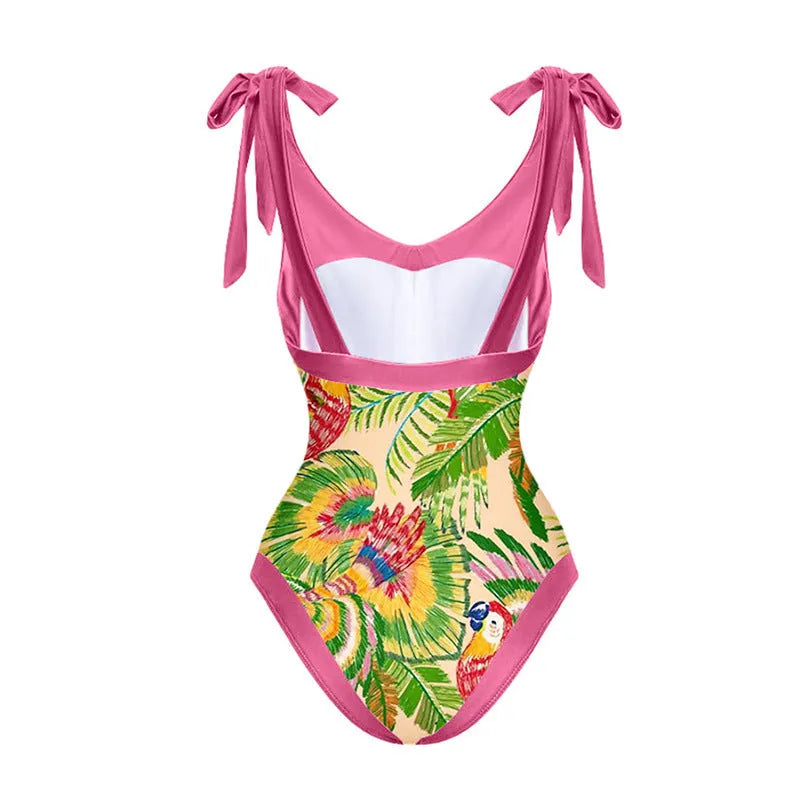Retro floral print one-piece swimsuit with V-neck, covered belly, and attached thin skirt in pink
