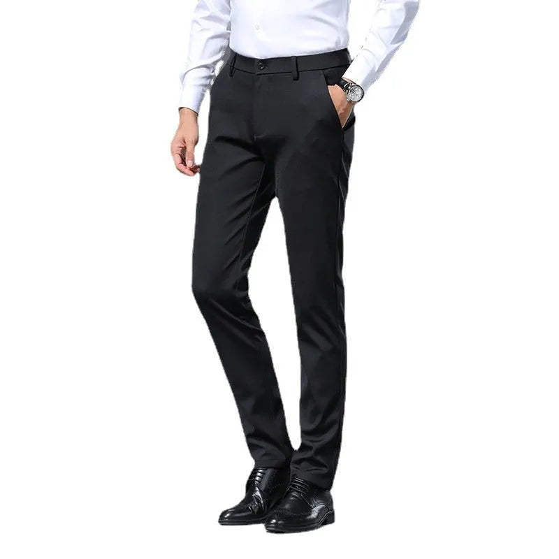 Men's slim fit stretch casual trousers in black polyester fiber with straight leg design and elastic waistband