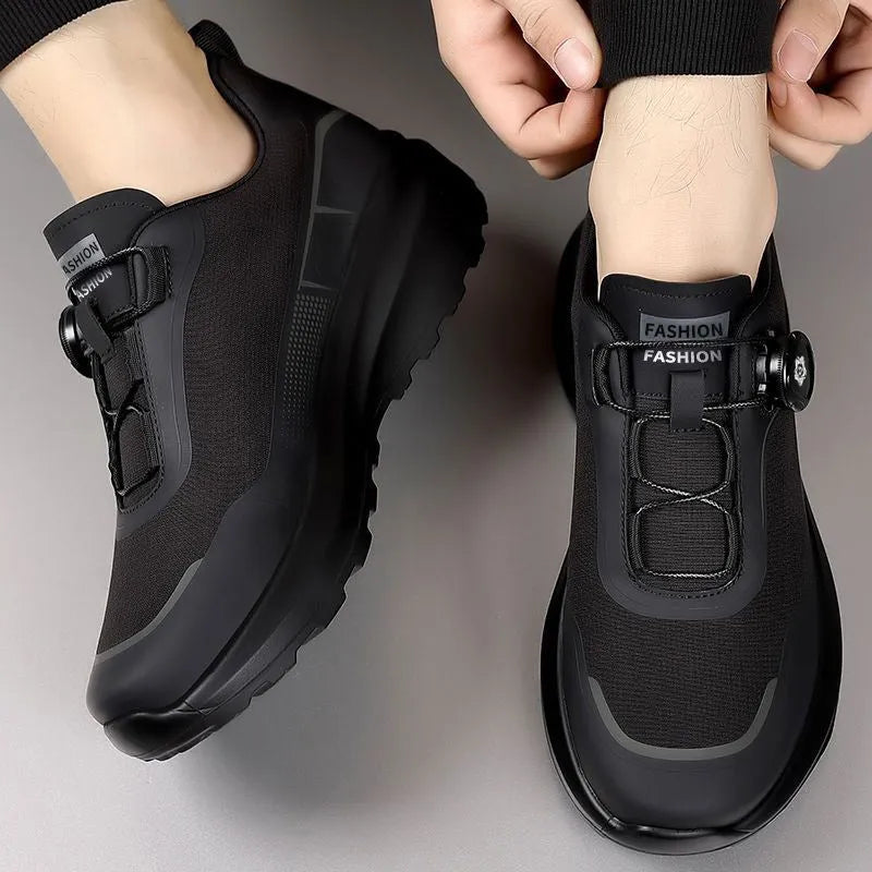 Men's black rotating button casual sneakers with thick platform sole and mesh lining
