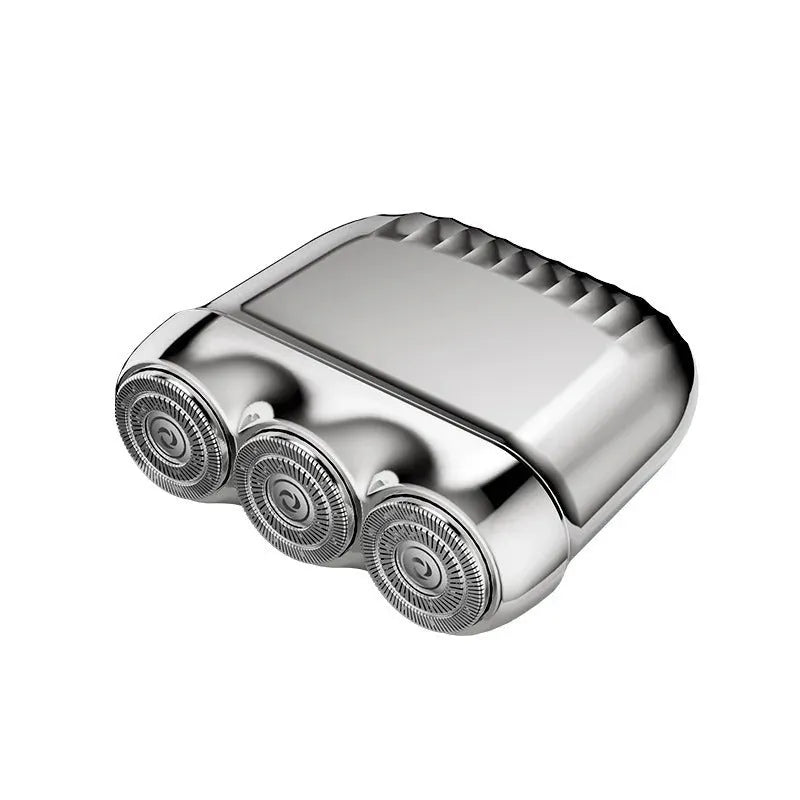 Mini three-head magnetic electric shaver showing floating cutter design and colour options