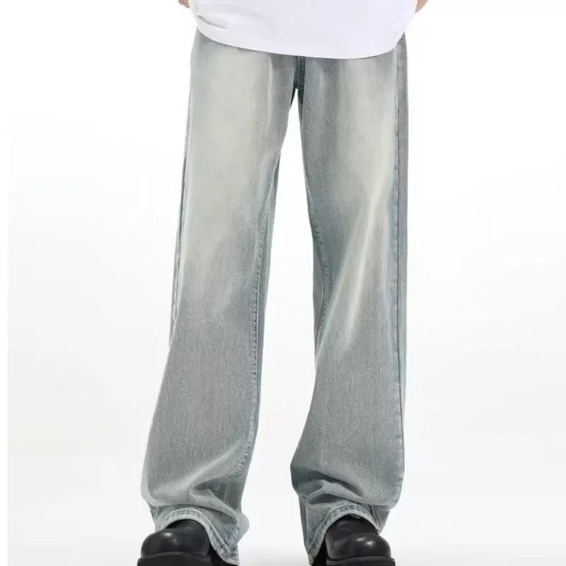 Blue retro loose-fit casual trousers made from rabbit fur with an elasticated waistband.