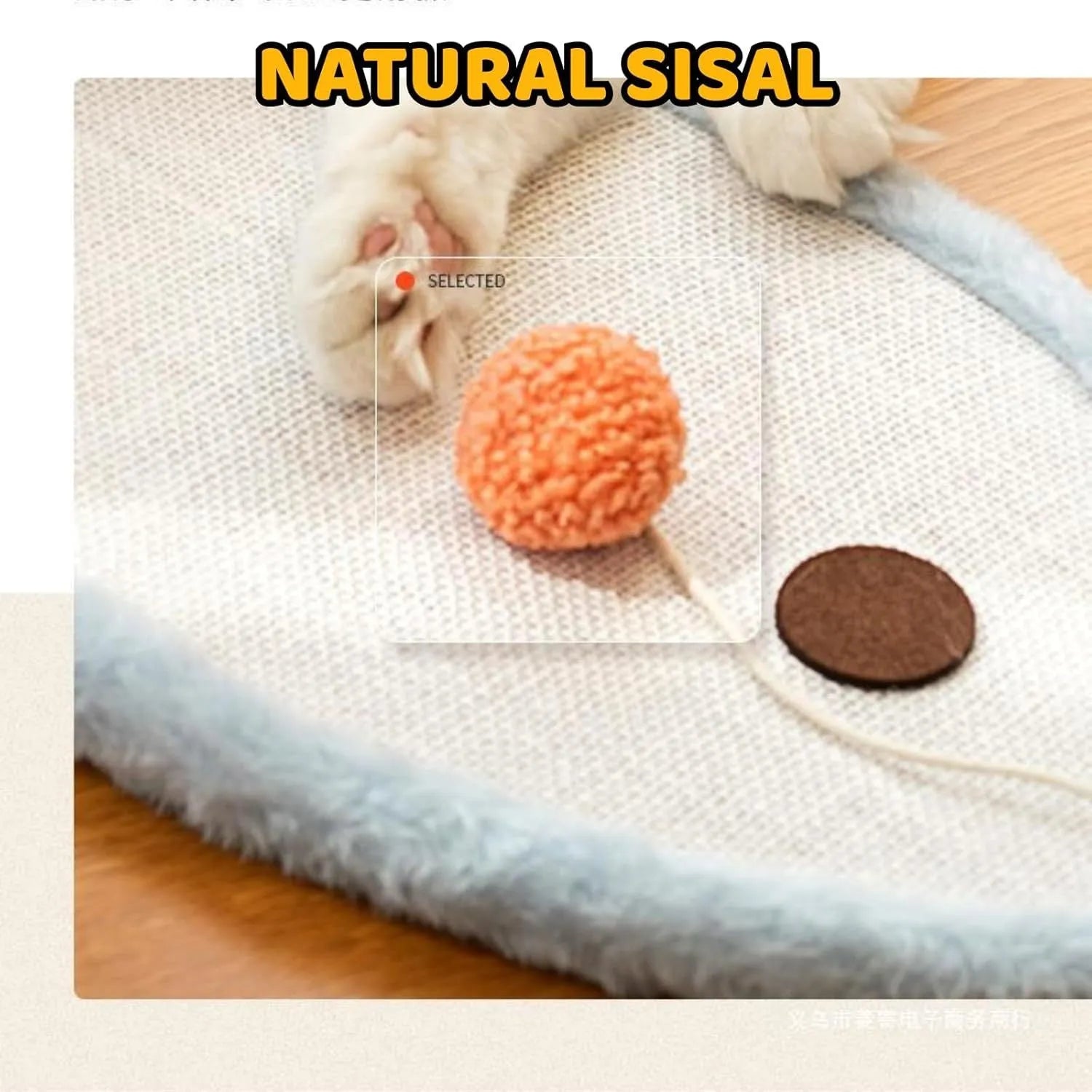 White cat scratching mat with cartoon cat design, made from natural sisal.