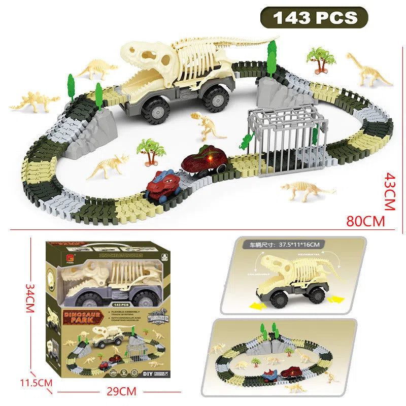 Electric toy DIY assembly skeleton dinosaur track car with 209 plastic pieces on a table