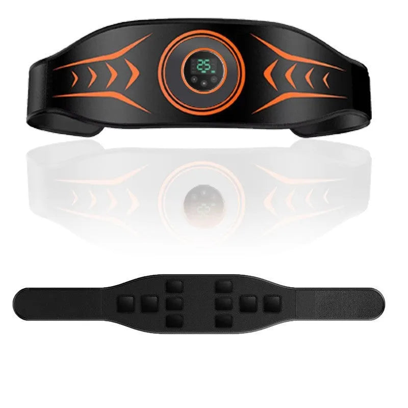 EMS abdominal massage belt with rechargeable host, adjustable strap, and arm stickers for muscle stimulation