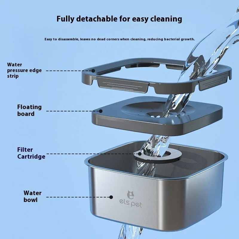 Stainless steel floating pet water bowl with filter element and anti-tumble base