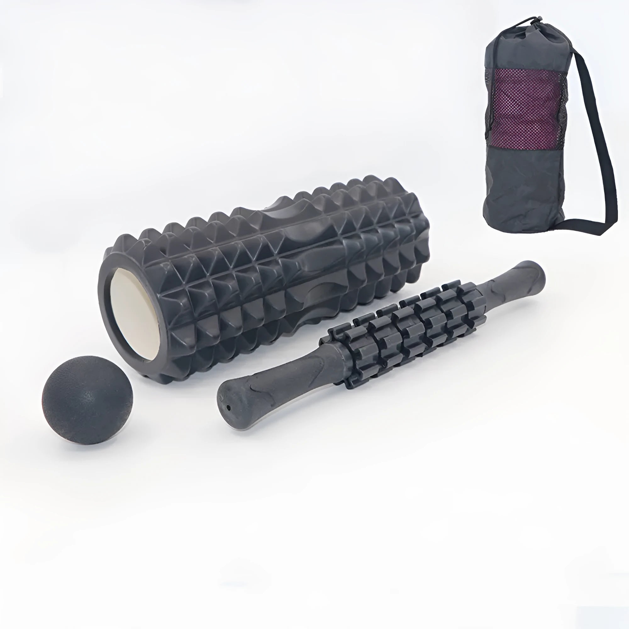 Black six-piece foam massage roller stick with gear design, 33cm long.