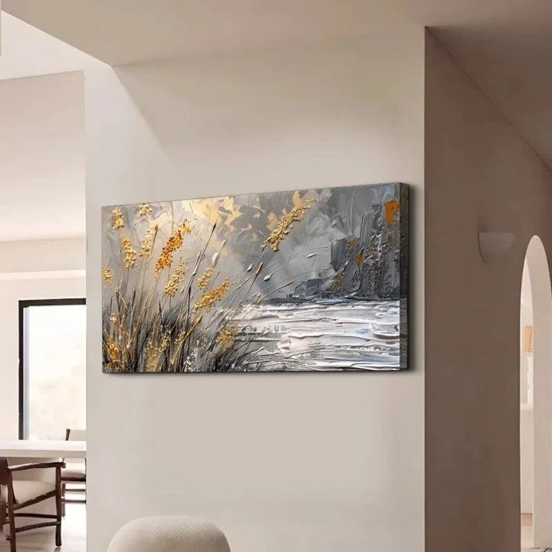 Hand-painted abstract lake reed beds oil painting on unframed horizontal canvas for wall art