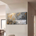 Hand-painted abstract lake reed beds oil painting on unframed horizontal canvas for wall art