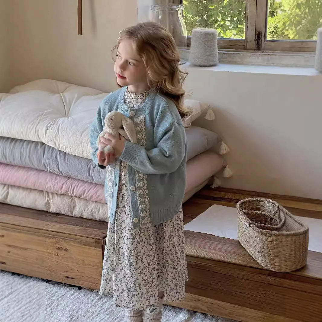 Girls long sleeve cotton dress with blue flower floral print, princess style, sizes 90cm to 140cm