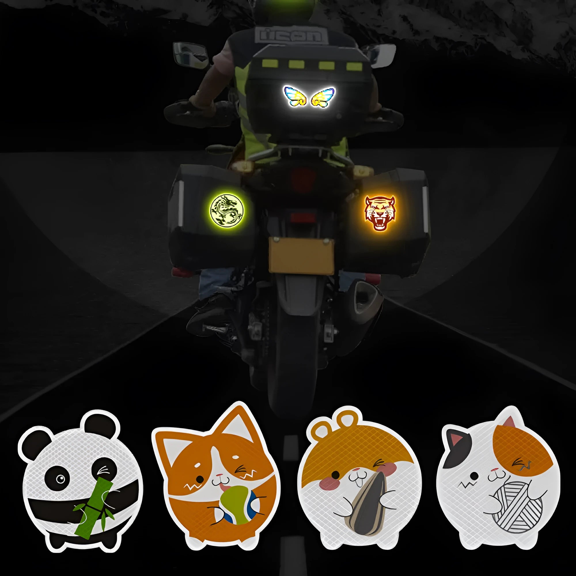 Pair of reflective warning stickers with dragon design, each measuring 9 by 5 centimetres.