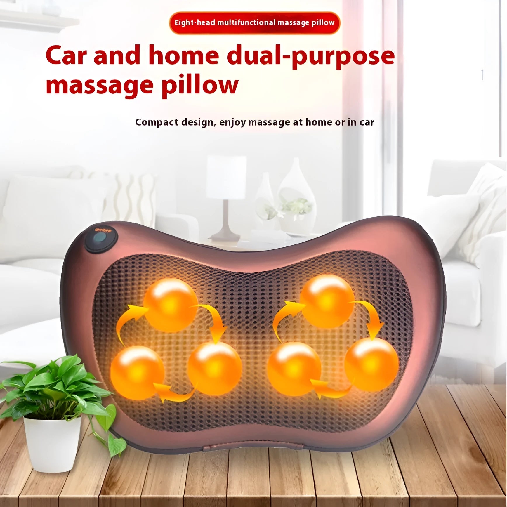 Brown genuine leather smart shoulder and neck massage pillow with 8 heads, for home and car use.