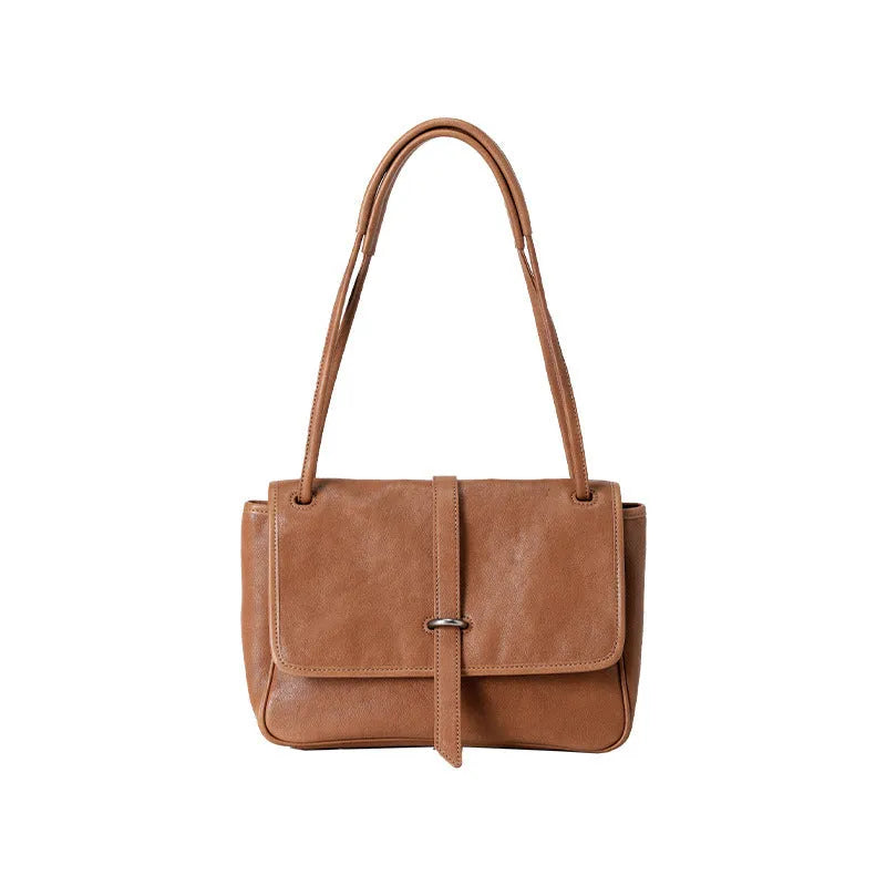 Vegetable-tanned leather retro crossbody tote bag in coffee, elephant gray, caramel or black, large or medium, with inner patch pocket.