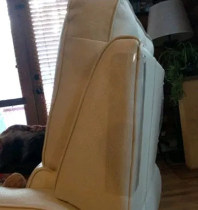 Two transparent PVC self-adhesive cat claw protector pads on a leather sofa arm, each 47x15cm