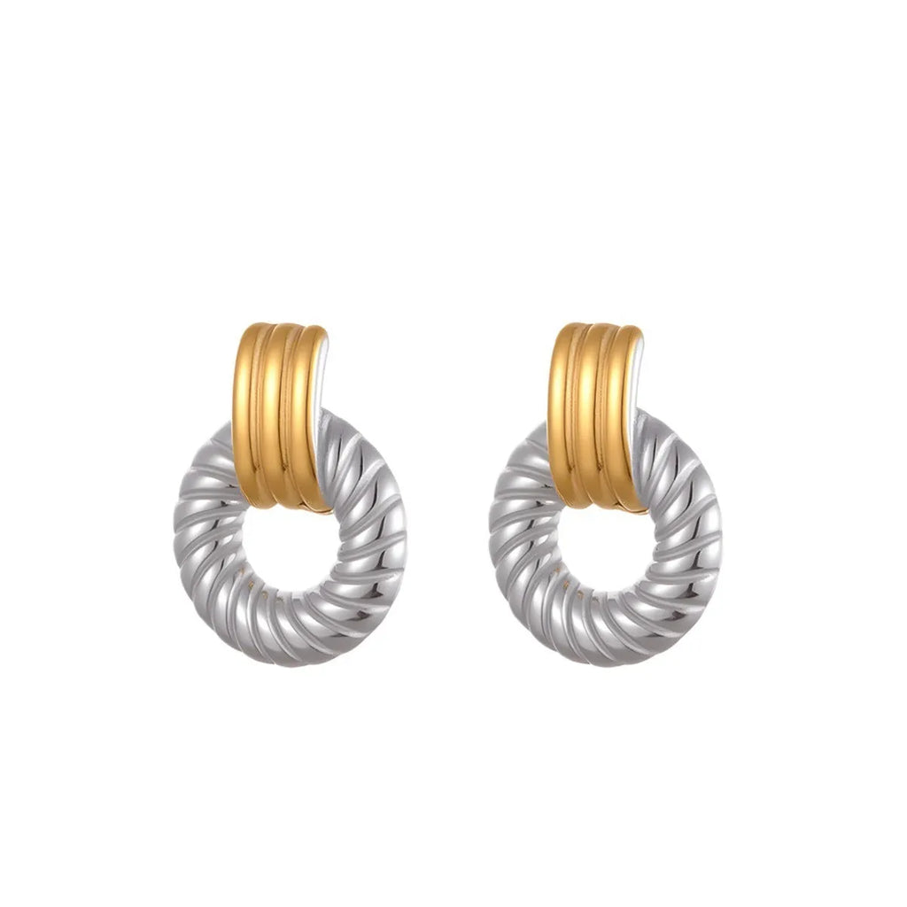 Stainless steel geometric earrings with 18K electroplating, gold and silver colour matching, one pair