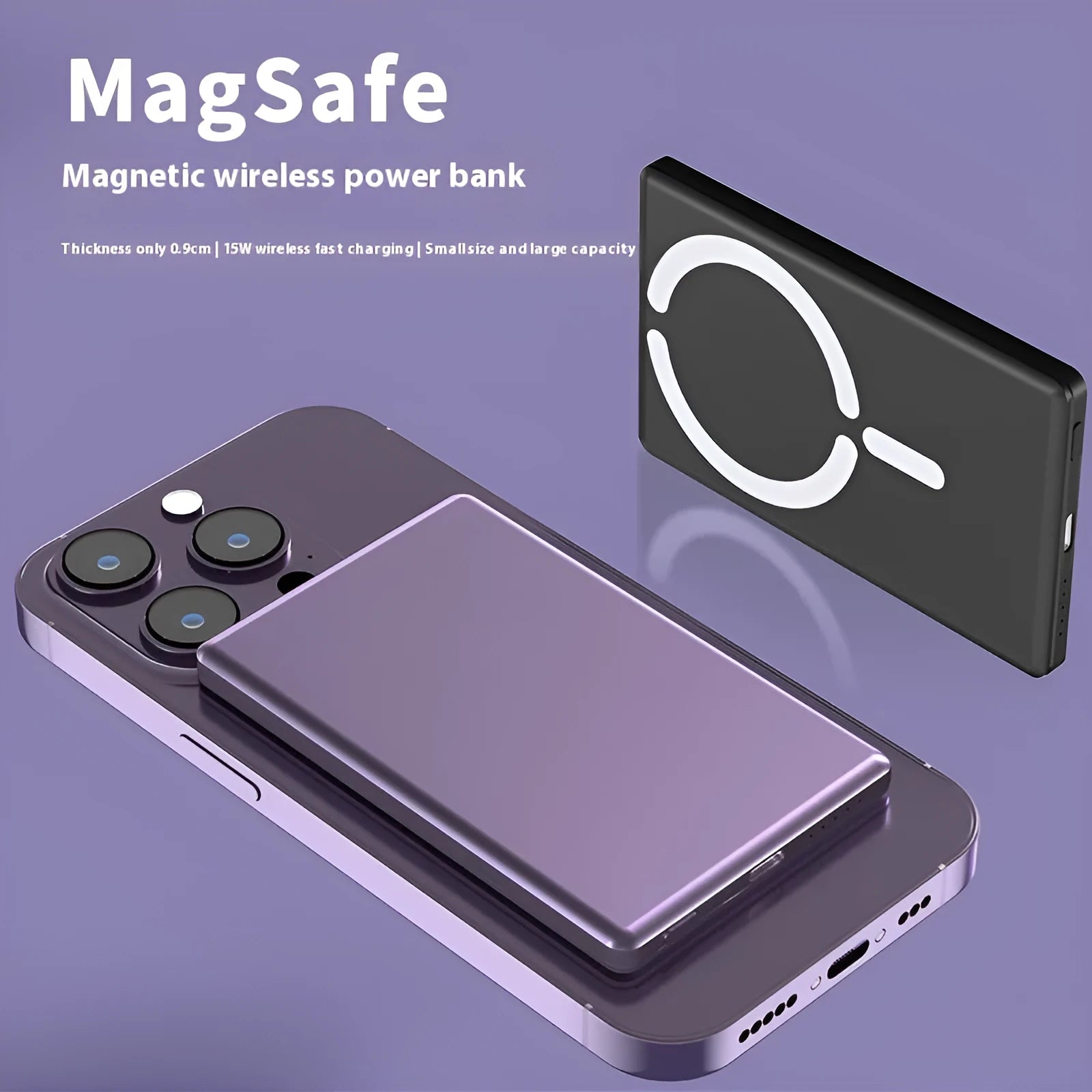 Ultra-thin dark gray magnetic power bank showing slim 9mm profile and compact size next to a smartphone.