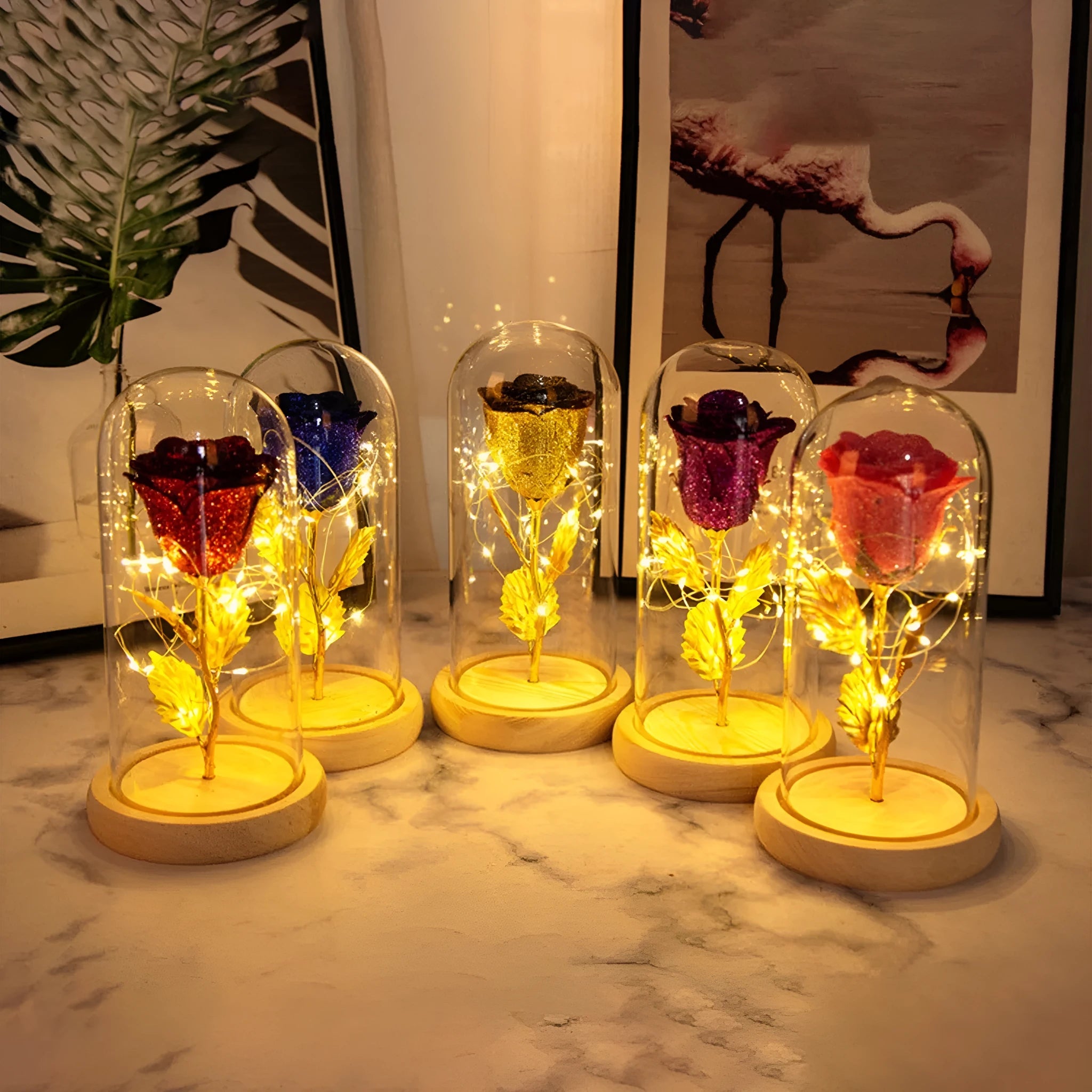 Eternal rose flower under glass cover with warm white LED strip light, six colour options