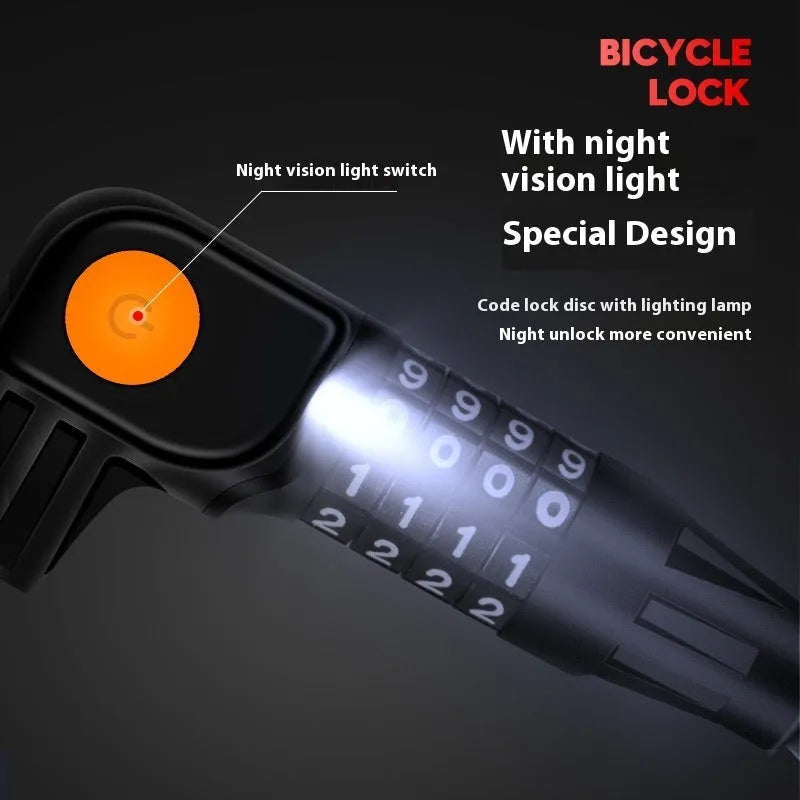 Password double open anti-theft steel cable bicycle lock 100cm black and orange with light option
