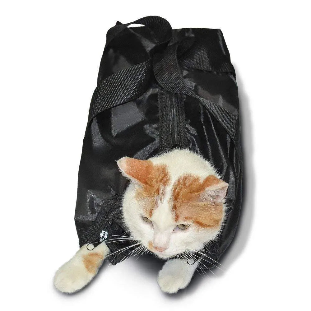 Black cat washing bag made from PU Oxford fabric, shown open at 28×17×2.5cm and folded to 10×10×3cm
