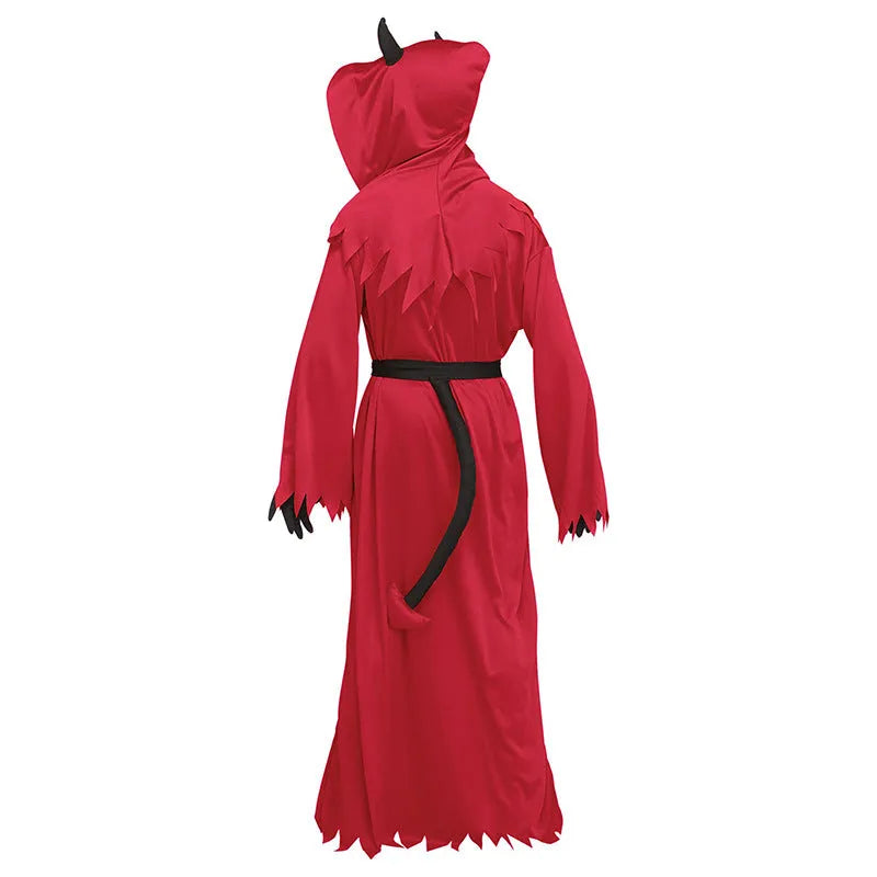 Red polyester demon Halloween costume with serrated dress, plush tail, wrist gloves, and horned hood