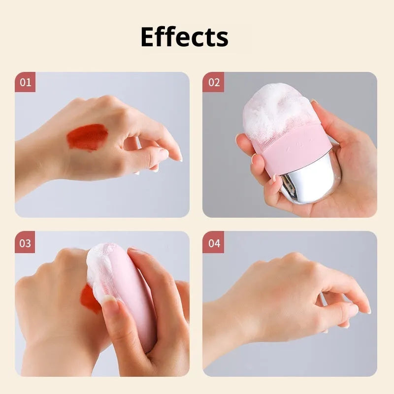 Silicone electric facial cleanser brush with ultrasonic vibration and 3 gears, shown in Lake Blue and Cherry Blossom Powder