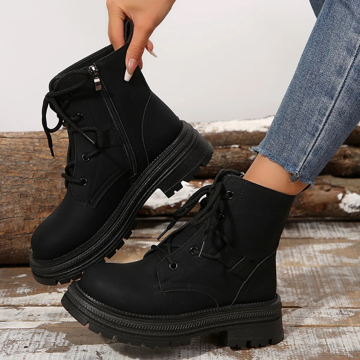 Women's square-heel lace-up ankle boots in black and brown with microfiber upper and rubber sole