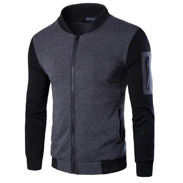 Men's patchwork sleeve jacket in Black, Gray, or PU Gray, Asian sizes M to XXXL with size chart measurements