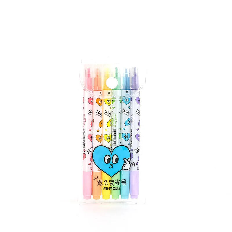 Six double-headed watercolour highlighter pens in pink, orange, yellow, green, blue, and purple colours