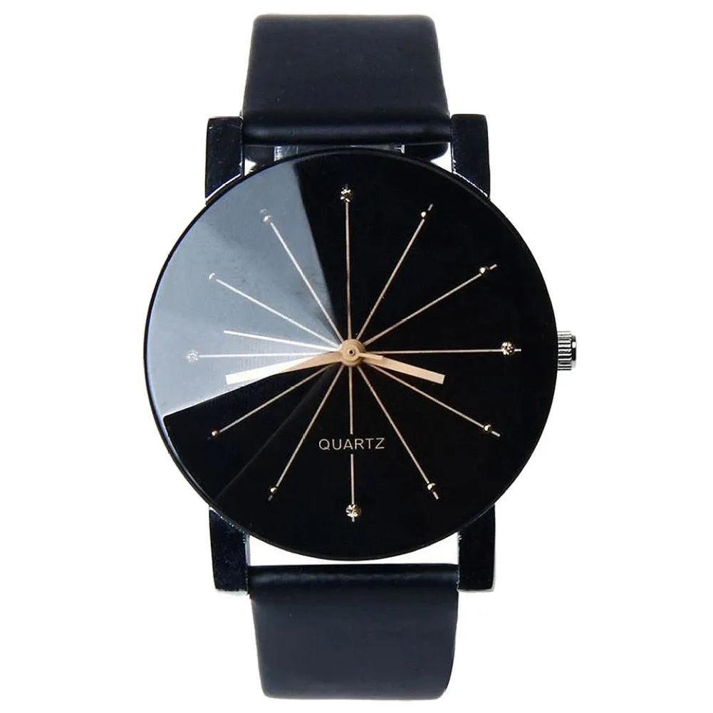 Black convex meridian belt watch with alloy case, PU leather band, glass dial, and analog display