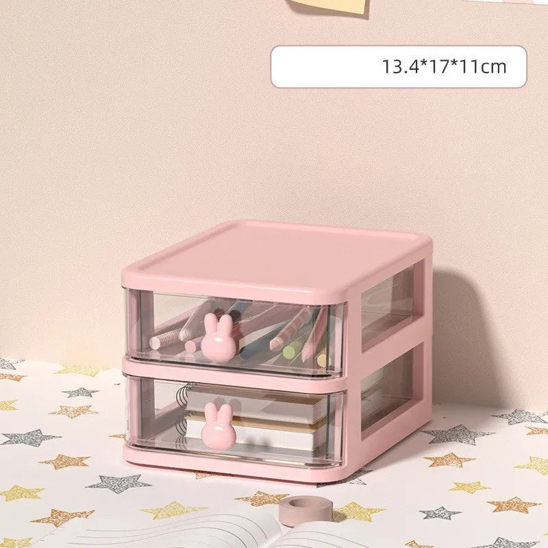 Pink rabbit cartoon desktop storage box with 4L capacity PP plastic drawer-type organizer for children's hair clips