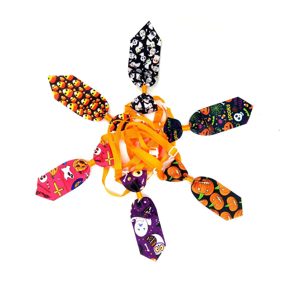 Pet Halloween skull necktie in cloth, 13cm tie length with adjustable 20-40cm neck for cats and dogs