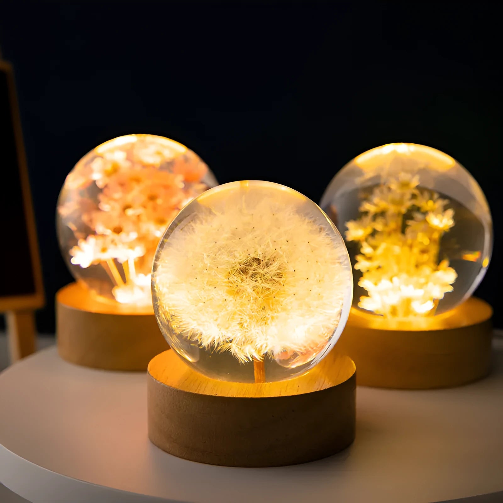 3D dandelion crystal ball night light on a beech wood stand with USB cable
