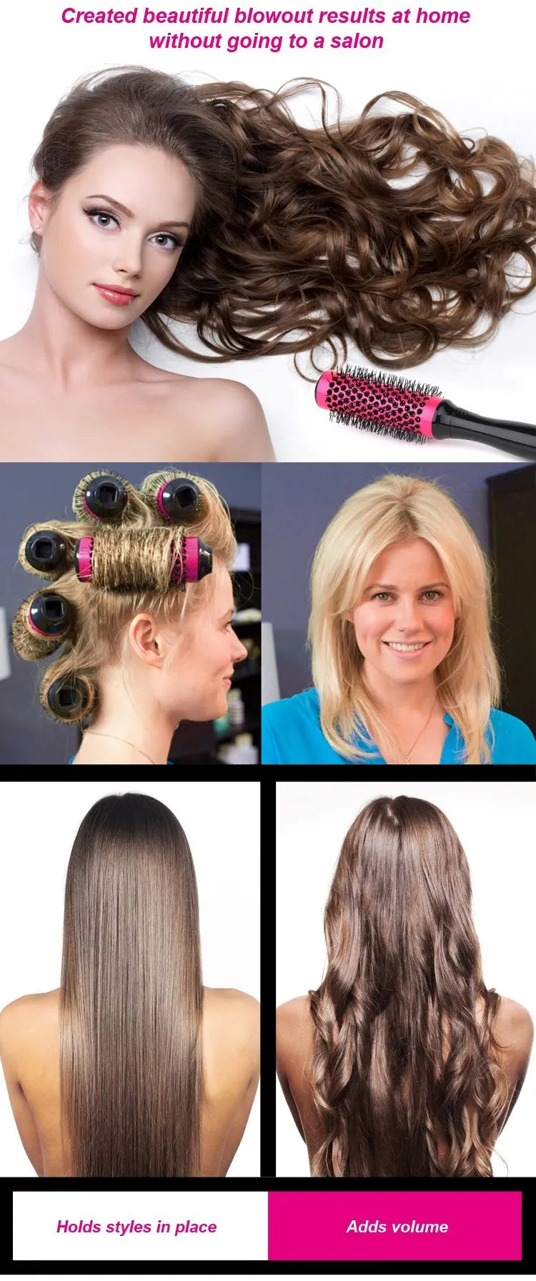 Set of six ceramic hair styling brushes in assorted colours with detachable handle and PVC carry bag