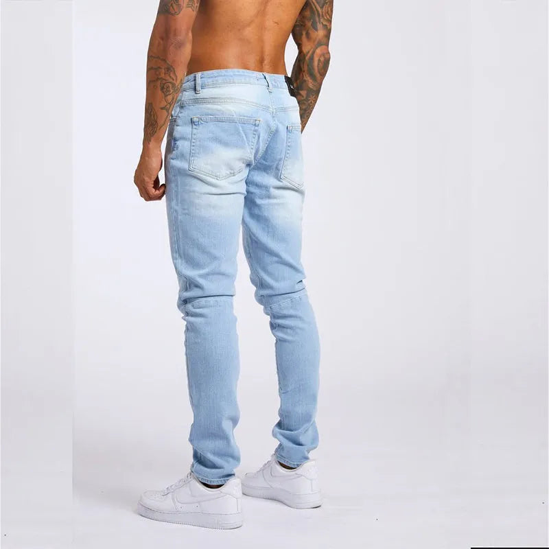 Men's cotton slim fit high waist jeans in light blue solid colour front view