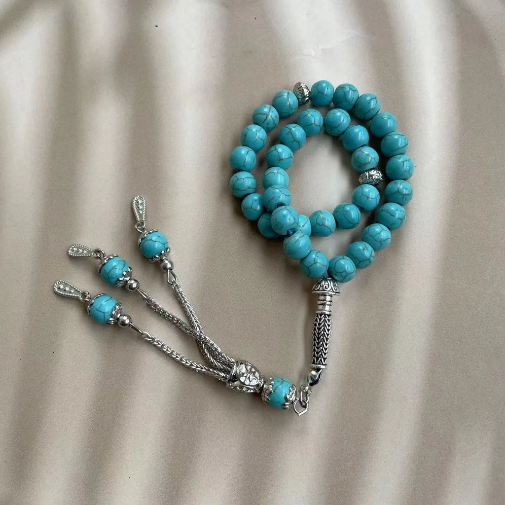 Sky blue stone Muslim prayer bracelet with 8mm beads for daily worship counting.