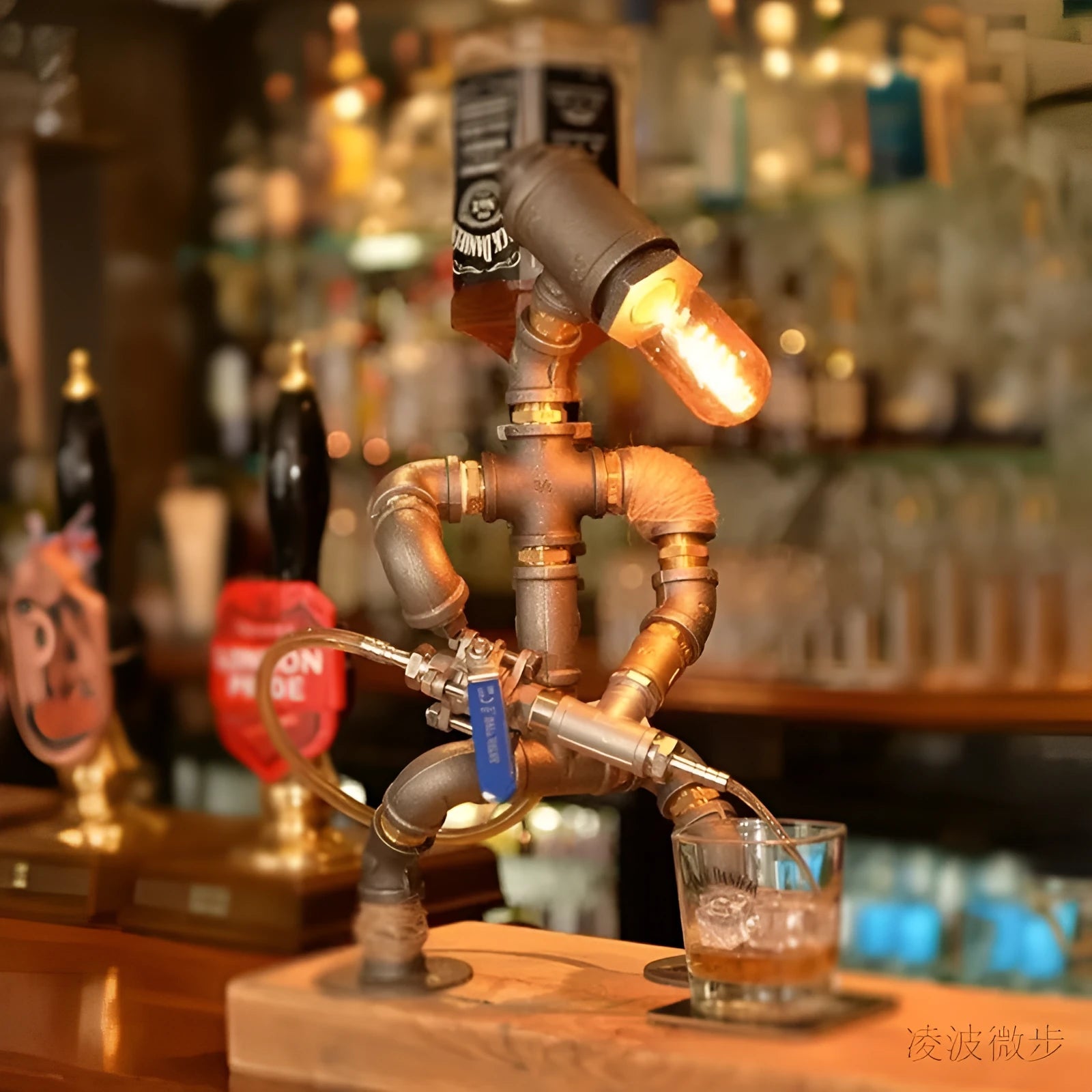 Industrial retro style water pipe robot table lamp made of iron in a vintage colour.